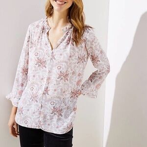 LOFT Pink and Cream Paisley Floral Print Blouse Size M